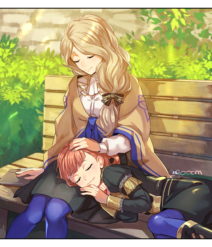 2900cm, 2girls, annette_fantine_dominique, bench, book, brown_hair, cloak, closed_eyes