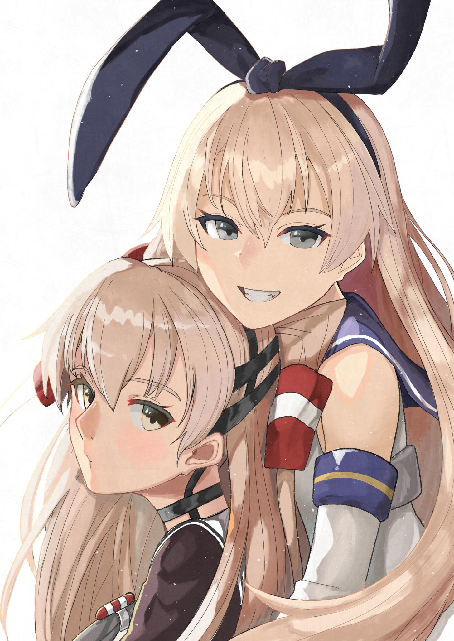 2girls, amatsukaze_(kantai_collection), blonde_hair, blue_sailor_collar, brown_dress, brown_eyes, commentary_request, crop_top, dress, elbow_gloves, gloves, grey_eyes, grin, hair_tubes, hairband, highres, hina_komochi, kantai_collection, long_hair, looking_at_viewer, multiple_girls, sailor_collar, sailor_dress, shimakaze_(kantai_collection), short_dress, silver_hair, simple_background, smile, two_side_up, upper_body, white_background, white_gloves, windsock