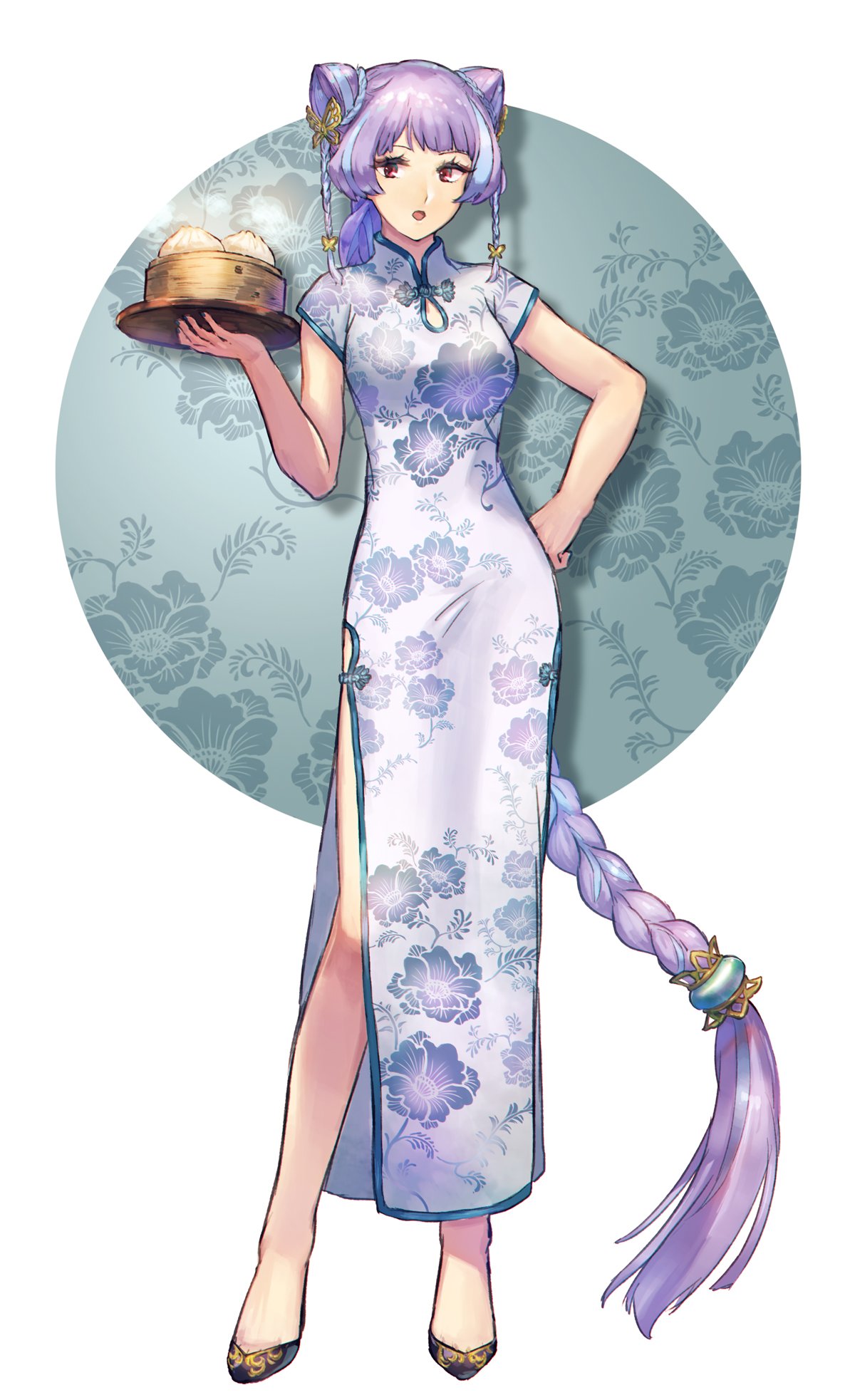 1girl, black_footwear, china_dress, chinese_clothes, double_bun, dress, floating_hair, floral_print, food, full_body, hand_on_hip, highlights, highres, holding, holding_plate, long_dress, long_hair, looking_at_viewer, low-tied_long_hair, macross, macross_delta, mikumo_guynemer, multicolored_hair, open_mouth, plate, print_dress, pumps, purple_hair, red_eyes, shimatani_azu, shiny, shiny_hair, short_sleeves, side_slit, solo, very_long_hair, white_background, white_dress