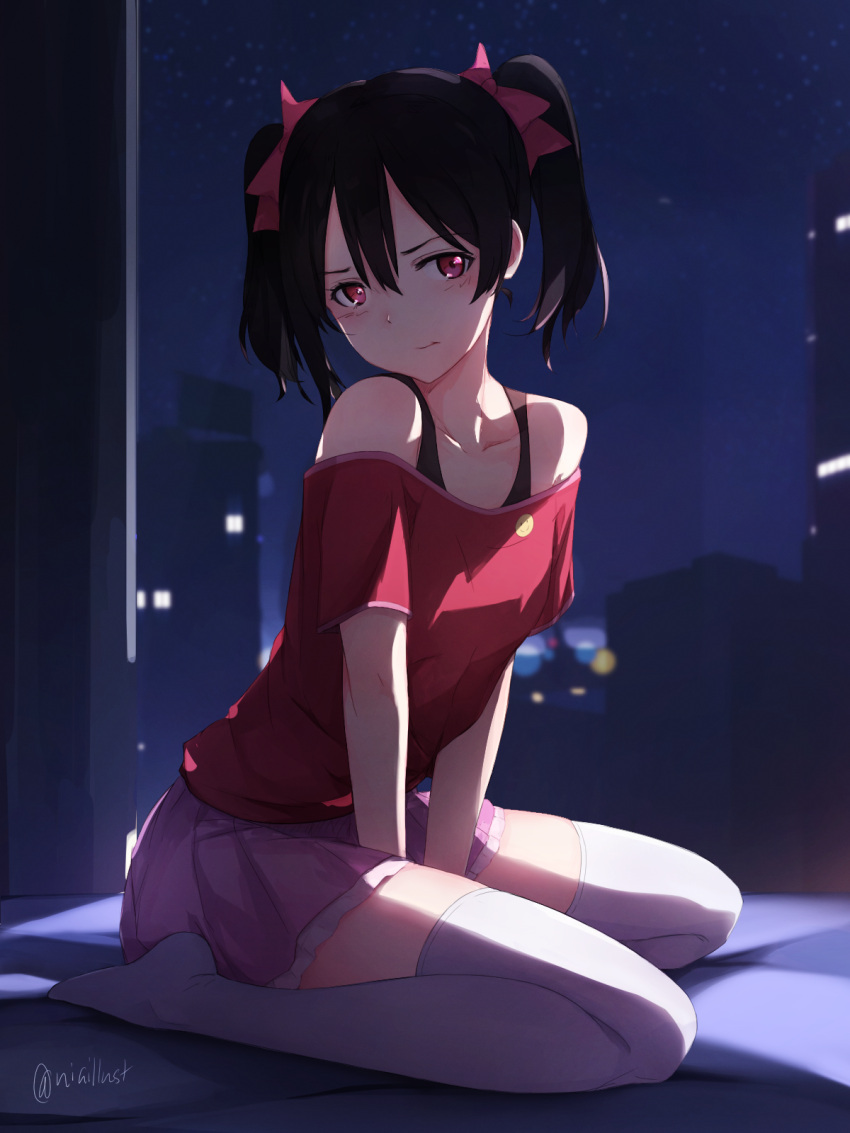 1girl, :t, bangs, bed_sheet, between_legs, black_hair, bow, closed_mouth