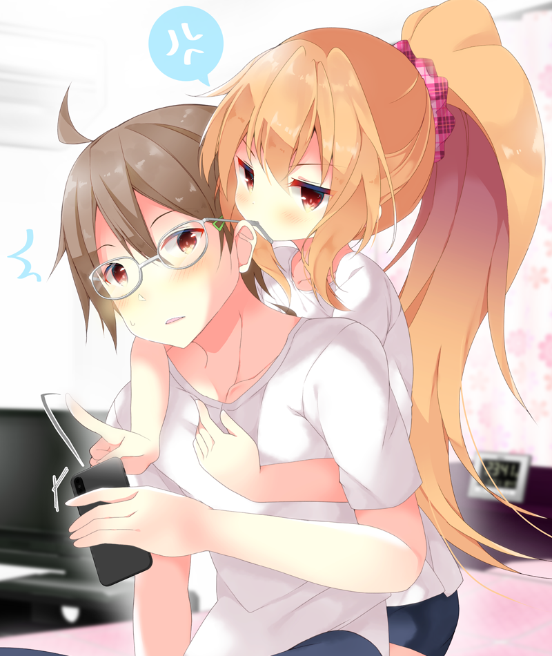1boy, 1girl, anger_vein, bangs, bed, black_shorts, blurry, blurry_background