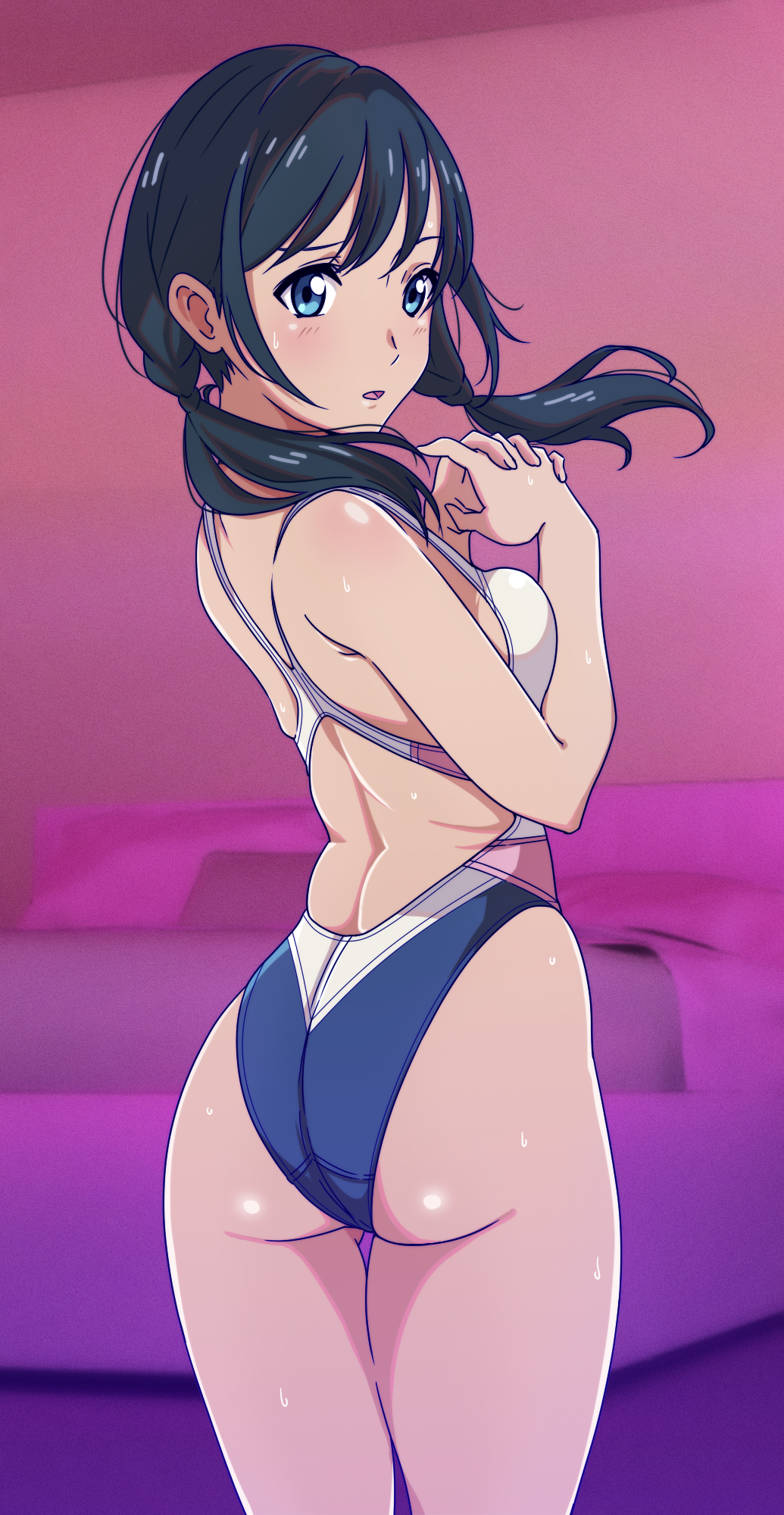 1girl, aiuchi, amano_hina_(tenki_no_ko), ass, bed, black_hair, blue_eyes, blue_swimsuit