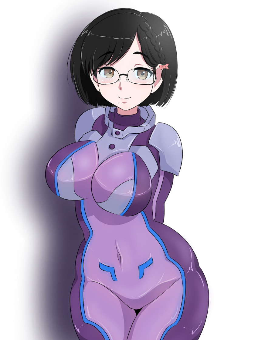 1girl, arms_behind_back, bangs, black_hair, bodysuit, bow, braid, breasts, brown_eyes, covered_navel, glasses, hair_bow, highres, kanata_no_astra, large_breasts, looking_at_viewer, mole, mole_under_mouth, osage_gankyou, parted_bangs, purple_bodysuit, short_hair, simple_background, smile, solo, standing, white_background, yunhua_lu