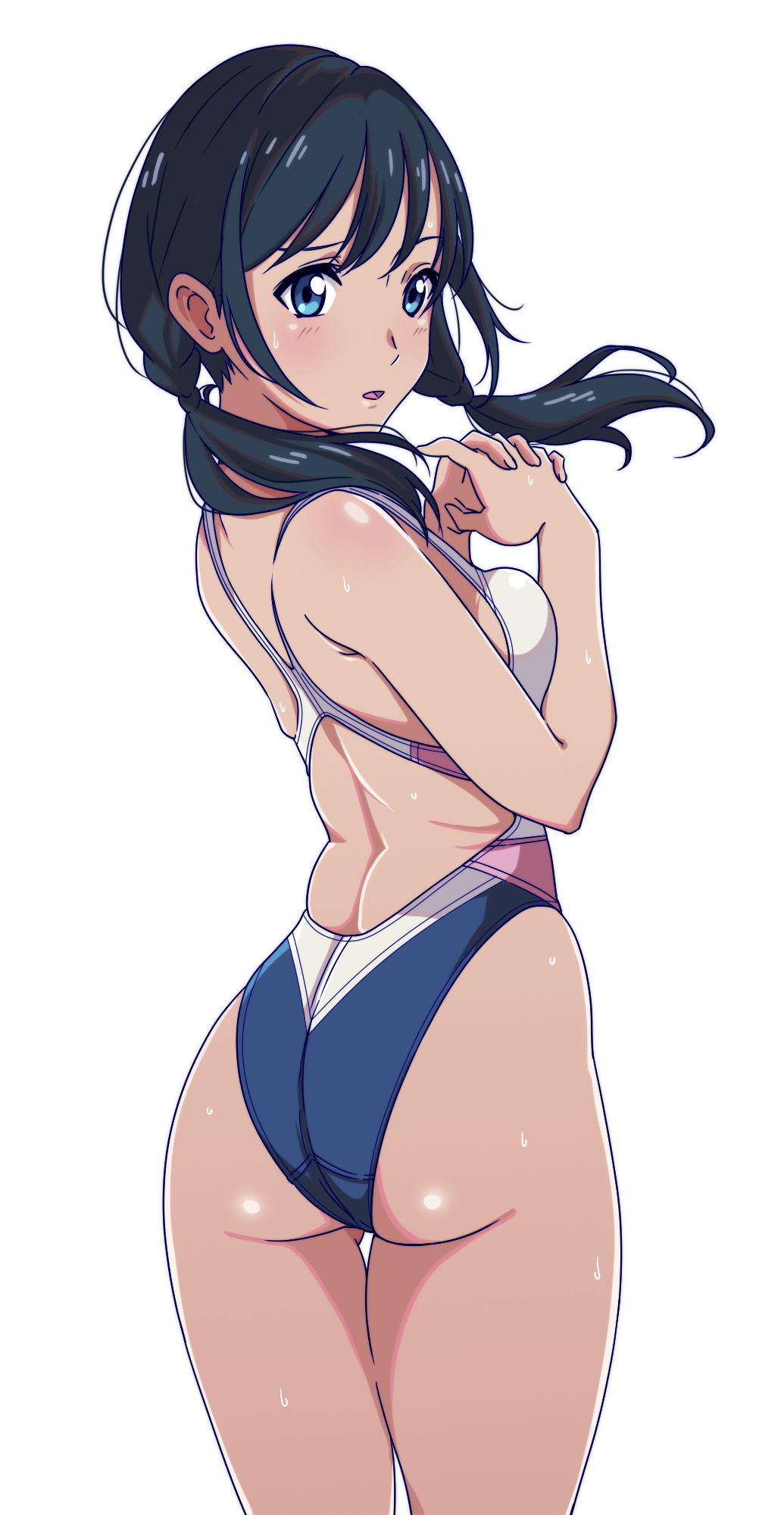 1girl, aiuchi, amano_hina_(tenki_no_ko), ass, black_hair, blue_eyes, blue_swimsuit, competition_swimsuit