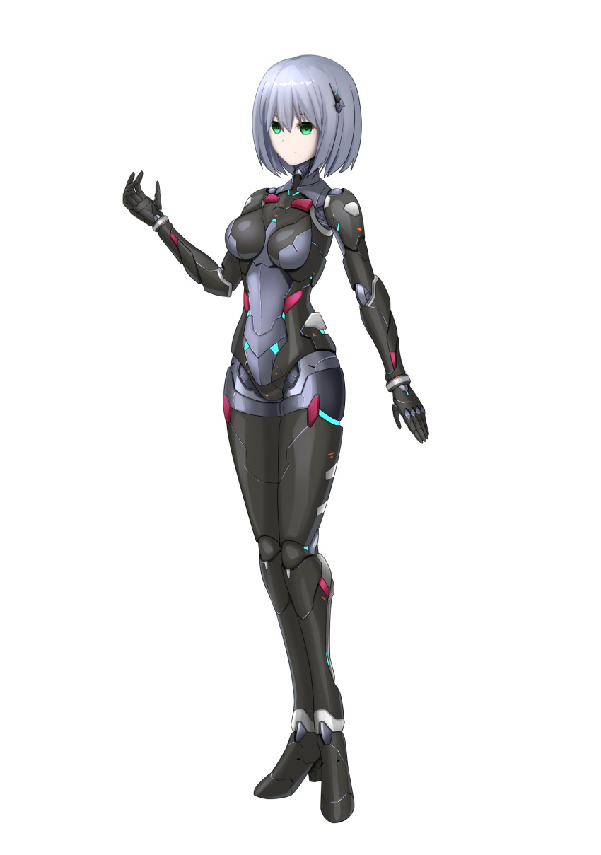 1girl, absurdres, commentary_request, cyborg, full_body, green_eyes, grey_hair, hair_between_eyes, high_heels, highres, kusunotaiboku, looking_at_viewer, mecha_musume, medium_hair, original, robot_joints, smile, solo, white_background