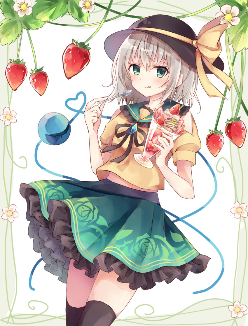 1girl, :q, black_headwear, black_legwear, blush, collar, collared_shirt, commentary_request