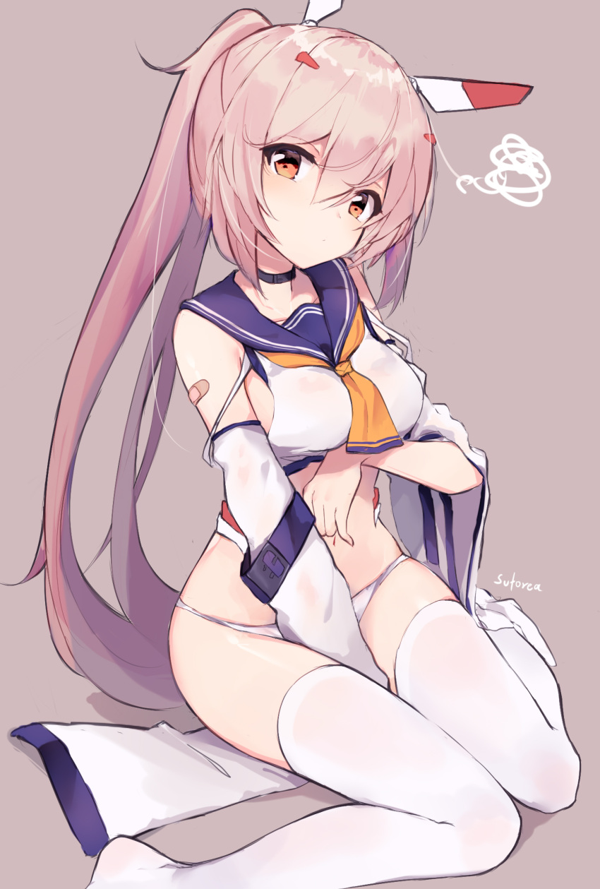 1girl, artist_name, ayanami_(azur_lane), azur_lane, bandaid_on_arm, bangs, beige_background, black_choker