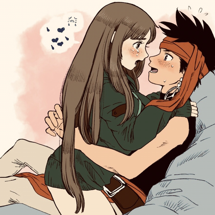 1boy, 1girl, arc_the_lad, arc_the_lad_ii, blush, breasts, brown_hair, commentary_request