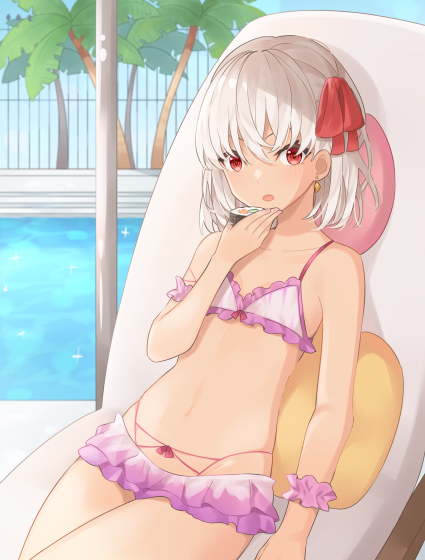 1girl, bangs, bare_shoulders, bikini, blush, breasts, commentary_request, earrings