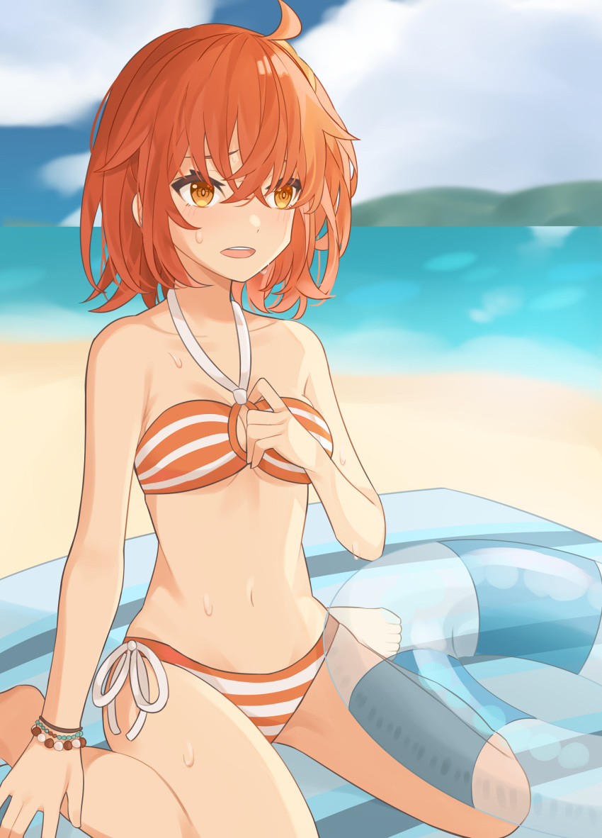 1girl, bare_shoulders, beach, bikini, bracelet, breasts, commentary_request, fate/grand_order, fate_(series), fujimaru_ritsuka_(female), hair_between_eyes, highres, innertube, jewelry, medium_breasts, navel, orange_bikini, orange_eyes, orange_hair, outdoors, short_hair, side-tie_bikini, sitting, solo, striped, striped_bikini, swimsuit, towel, upper_teeth, white_bikini, younomiti