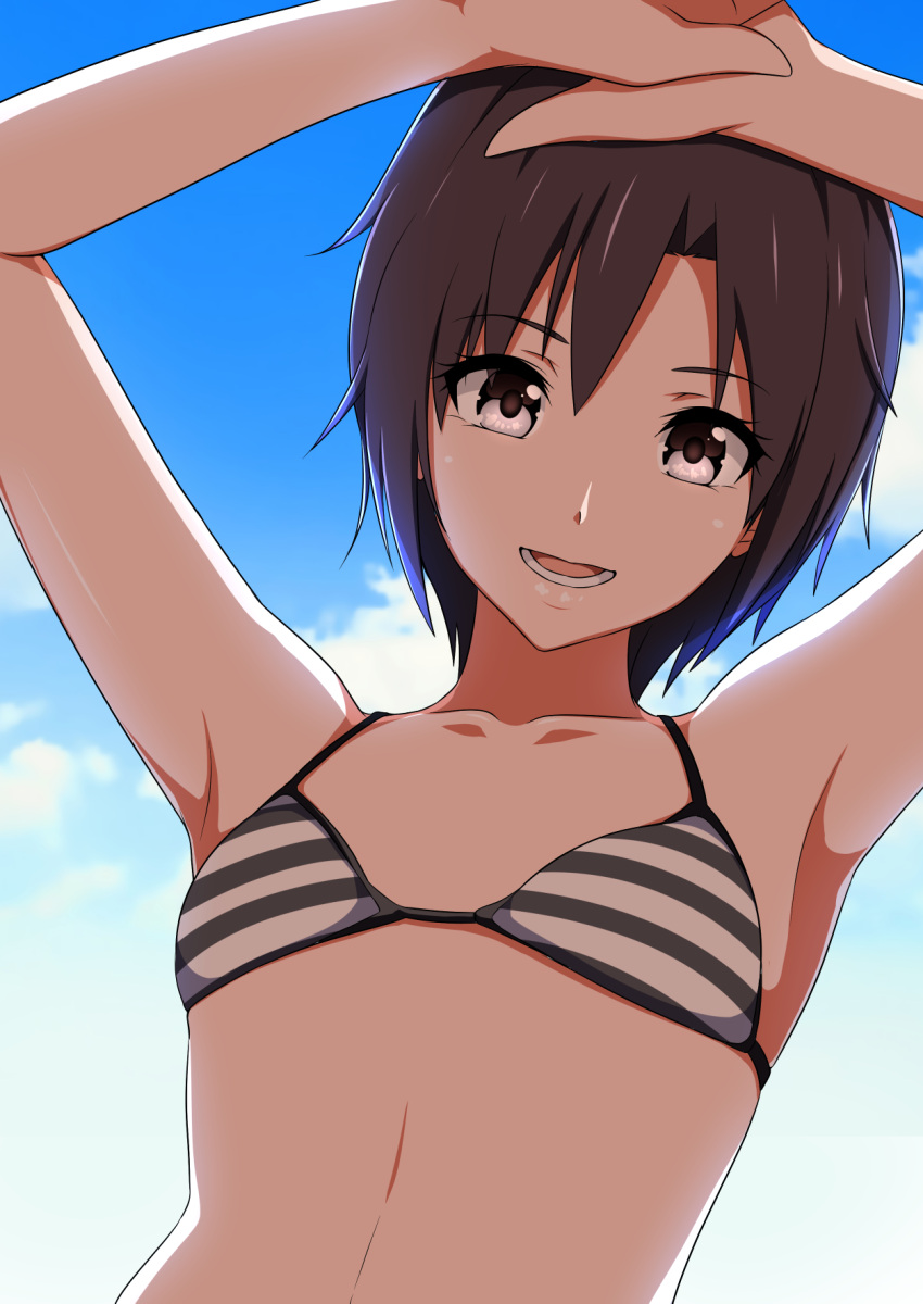 1girl, armpits, arms_up, bangs, bikini, black_bikini, black_eyes, black_hair, clouds, collarbone, flat_chest, highres, idolmaster, idolmaster_(classic), jabara_tornado, kikuchi_makoto, looking_at_viewer, shiny, shiny_hair, short_hair, sky, smile, solo, striped, striped_bikini, swimsuit, two-tone_bikini, upper_body, white_bikini