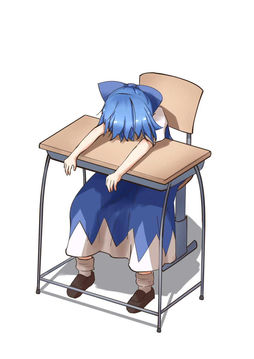 1girl, blue_dress, blue_hair, bow, brown_footwear, cirno, commentary_request, desk