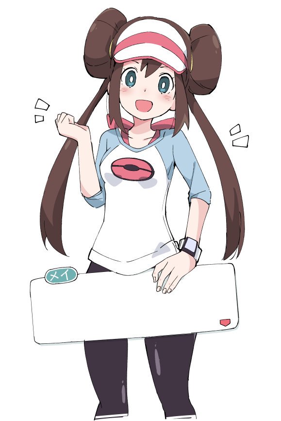 1girl, bangs, black_legwear, blue_eyes, blush, bow, breasts, brown_hair, character_name, clenched_hand, double_bun, exploitable, ixy, long_hair, mei_(pokemon), open_mouth, pantyhose, pink_bow, poke_ball, poke_ball_print, pokemon, pokemon_(game), pokemon_bw2, raglan_sleeves, simple_background, solo, twintails, visor_cap, white_background