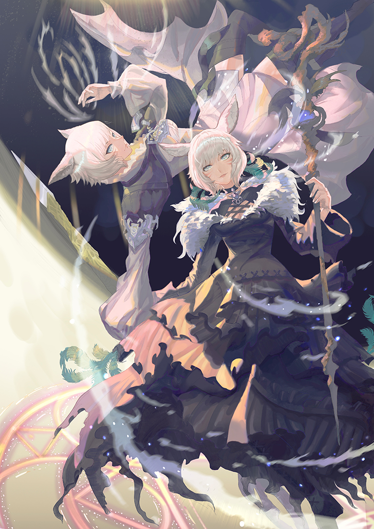 2girls, animal_ears, bangs, black_dress, black_mage, blue_eyes, cat_ears, choker
