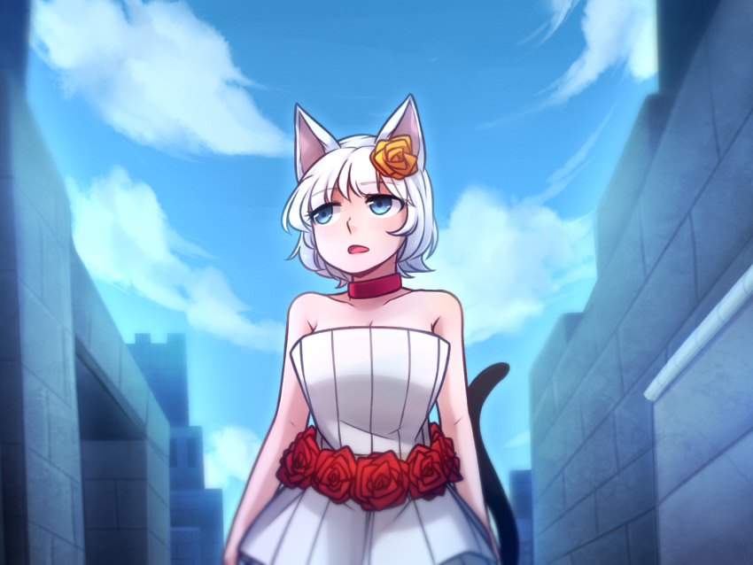 1girl, :o, animal_ears, bare_arms, bare_shoulders, blue_eyes, blue_sky, brick_wall