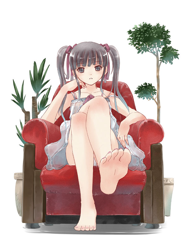 barefoot, black_eyes, black_hair, chair, chin_rest, crossed_legs, dress, feet