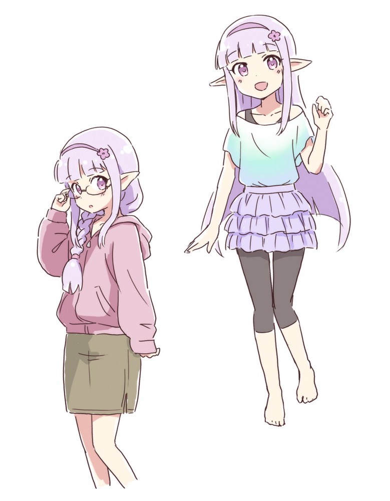 1girl, :d, black_pants, blush, braid, brown_skirt, drawfag, elf, elnowar_seylan, endro!, flower, glasses, hair_flower, hair_ornament, hairband, hand_up, hood, hood_down, hoodie, lavender_hair, long_hair, long_sleeves, multiple_views, open_mouth, pants, pink_hairband, pointy_ears, sketch, skirt, smile, standing