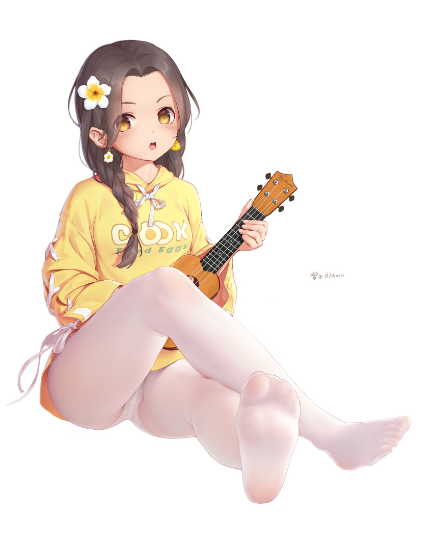 1girl, absurdres, artist_name, blush, braid, brown_hair, clothes_writing, crossed_legs, duck_print, earrings, egg, egg_earrings, english_text, eyes_visible_through_hair, flower, full_body, hair_flower, hair_ornament, highres, holding, holding_instrument, hood, hood_down, instrument, jewelry, long_hair, long_sleeves, looking_at_viewer, maou_renjishi, no_shoes, open_mouth, original, panties, panties_under_pantyhose, pantyhose, print_panties, see-through, simple_background, sitting, soles, solo, twin_braids, ukulele, underwear, upper_teeth, white_background, white_legwear, yellow_eyes, yellow_hoodie