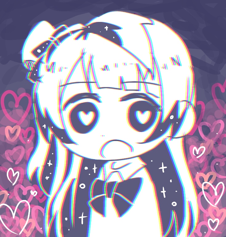 1girl, bangs, bow, bowtie, cfcult7825, chromatic_aberration, hair_bow, heart, heart-shaped_pupils, long_hair, love_live!, love_live!_school_idol_project, minami_kotori, open_mouth, side_ponytail, solo, sparkle, symbol-shaped_pupils