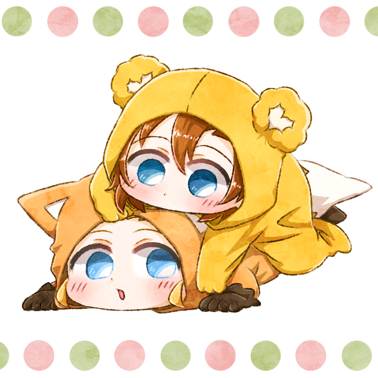 2girls, animal_ears, ayase_eli, bangs, blonde_hair, blue_eyes, blush, brown_hair