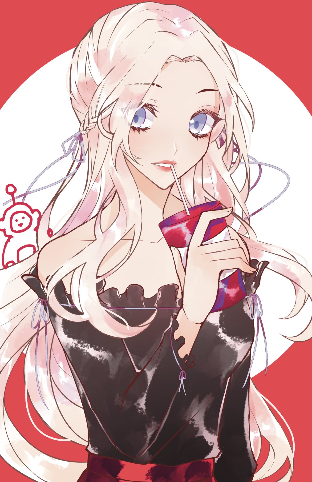1girl, bare_shoulders, bbc, blonde_hair, blue_eyes, cameo, casual, drink