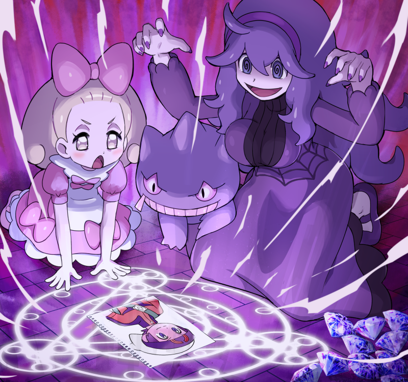 2girls, @_@, ahoge, al_bhed_eyes, apron, banette, blonde_hair, bow