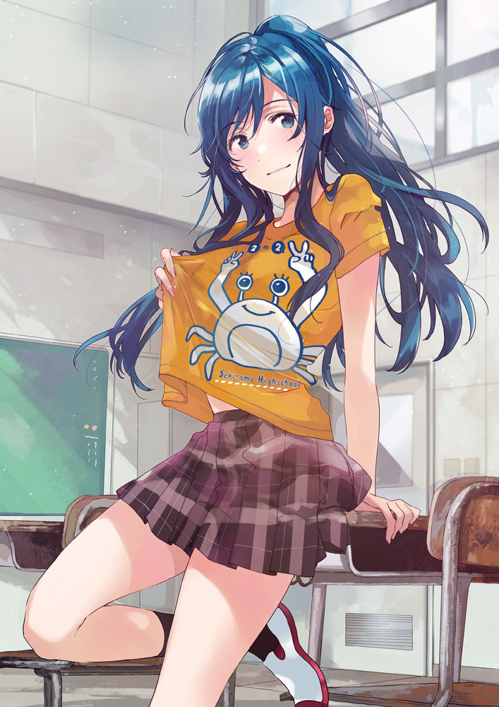 1girl, bangs, blue_eyes, blue_hair, brown_legwear, brown_skirt, chair, chalkboard, classroom, crab_print, day, desk, door, fly_(marguerite), high_ponytail, indoors, jaku-chara_tomozaki-kun, lifted_by_self, long_hair, looking_at_viewer, midriff, nanami_minami, on_desk, plaid, plaid_skirt, pleated_skirt, ponytail, shirt, shirt_lift, shoes, short_sleeves, sidelocks, sitting, sitting_on_desk, skirt, smile, socks, solo, t-shirt, white_footwear, window, yellow_shirt