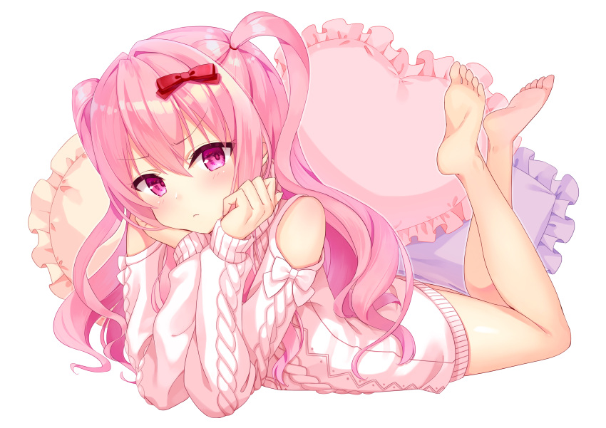 1girl, absurdres, barefoot, chin_rest, commentary_request, feet, girlfriend_(kari), highres