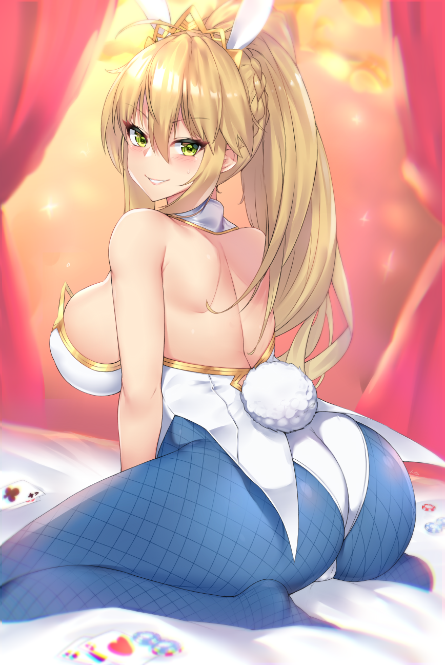 1girl, animal_ears, artoria_pendragon_(all), artoria_pendragon_(swimsuit_ruler)_(fate), ass, back, bare_shoulders, blonde_hair