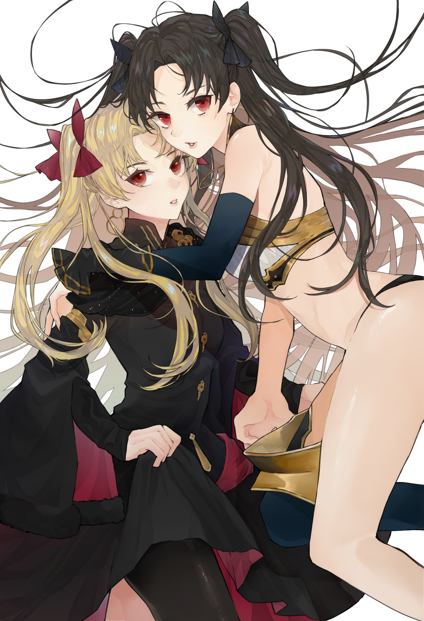 2girls, absurdres, asymmetrical_sleeves, black_bow, black_dress, black_hair, black_legwear, black_panties