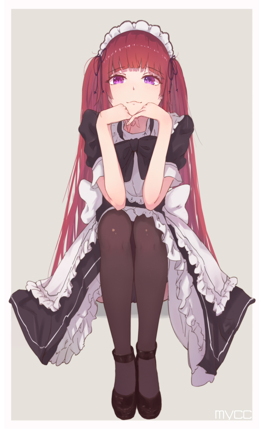 1girl, apron, bangs, black_footwear, black_legwear, black_neckwear, black_ribbon, black_shirt