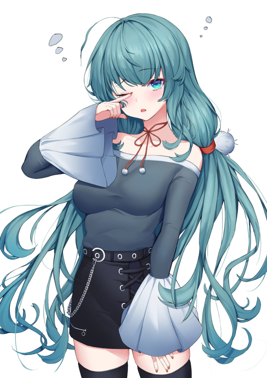 1girl, ahoge, aqua_eyes, bare_shoulders, black_legwear, black_skirt, blue_eyes, breasts
