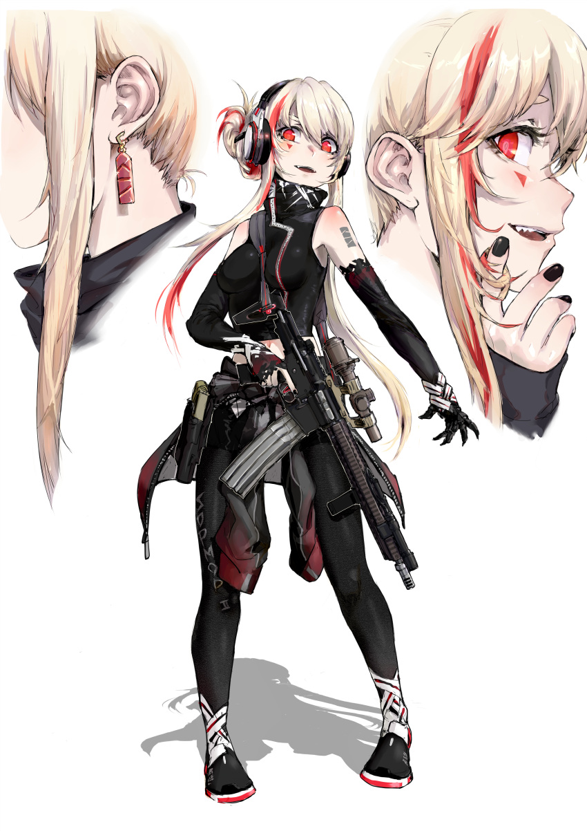 1girl, :d, absurdres, alma01, arm_tattoo, assault_rifle, bare_shoulders, black_footwear