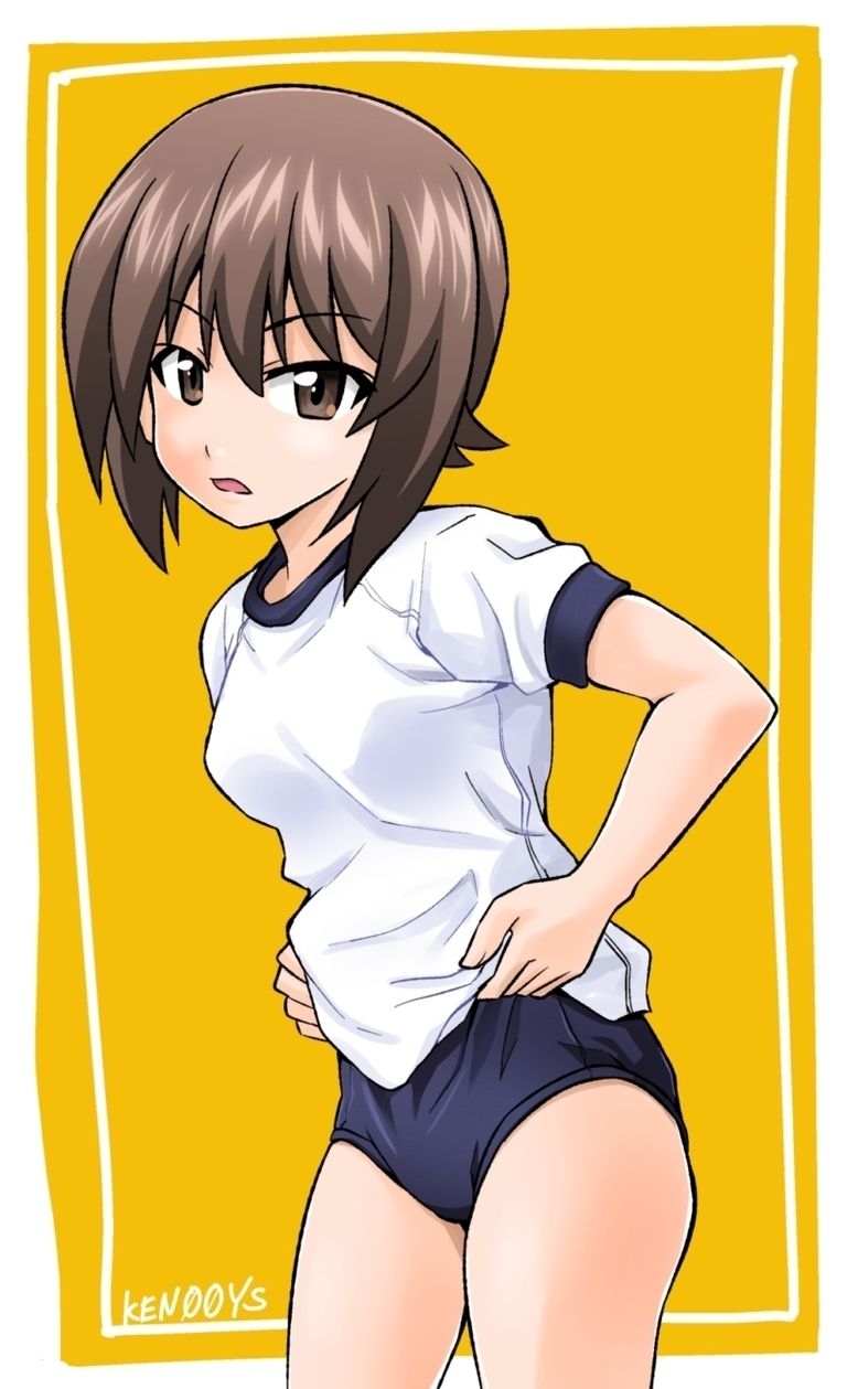 1girl, artist_name, bangs, black_buruma, brown_eyes, brown_hair, buruma, buruma_lift