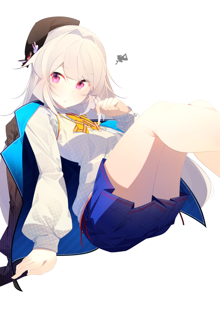 1girl, bangs, benio_(dontsugel), beret, black_headwear, black_jacket, blue_skirt, blush