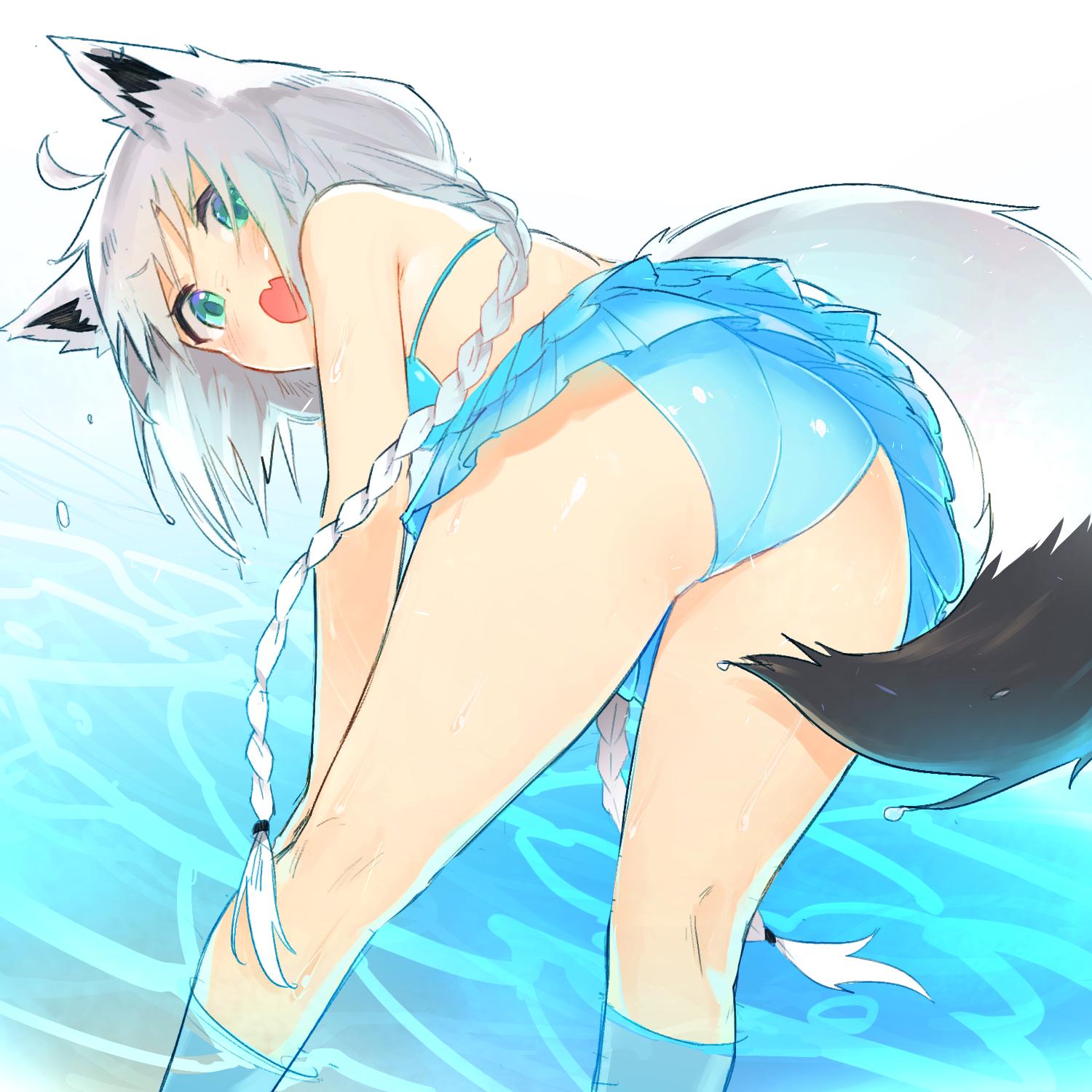 13o, 1girl, ahoge, animal_ear_fluff, animal_ears, ass, bangs, bare_shoulders