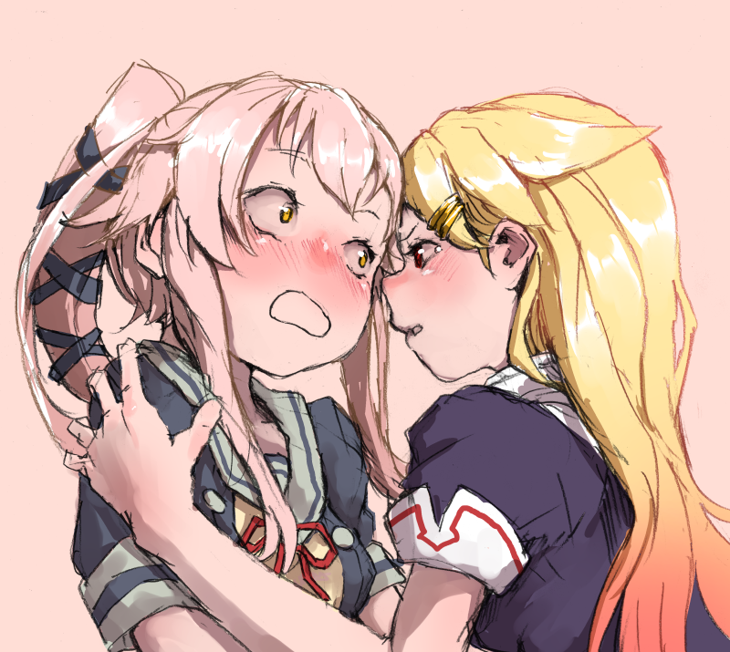 2girls, black_serafuku, blonde_hair, blush, hair_flaps, hair_ribbon, kantai_collection, long_hair, multiple_girls, n-mori, pink_background, pink_hair, pleated_skirt, ponytail, remodel_(kantai_collection), ribbon, scarf, school_uniform, serafuku, short_sleeves, side_ponytail, skirt, straight_hair, very_long_hair, white_scarf, yellow_eyes, yura_(kantai_collection), yuri, yuudachi_(kantai_collection)