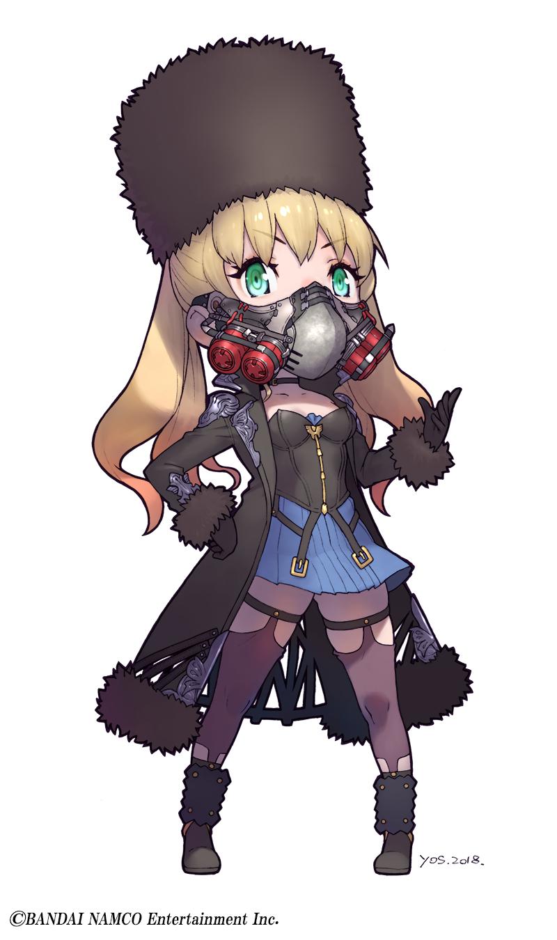 1girl, artist_request, black_gloves, blonde_hair, bustier, chibi, choker, code_vein, commentary_request, eyebrows_visible_through_hair, full_body, fur_hat, fur_trim, gas_mask, gloves, green_eyes, hand_on_hip, hat, highres, long_coat, looking_at_viewer, mia_karnstein, papakha, skirt, solo, thigh-highs, twintails, white_background