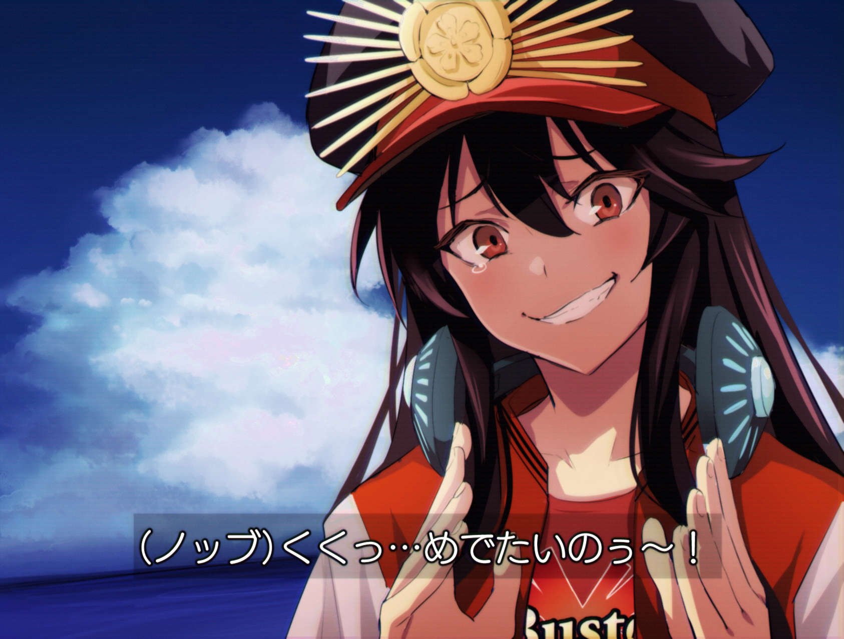 1girl, bangs, black_hair, black_headwear, blue_sky, blush, buster_shirt, clapping