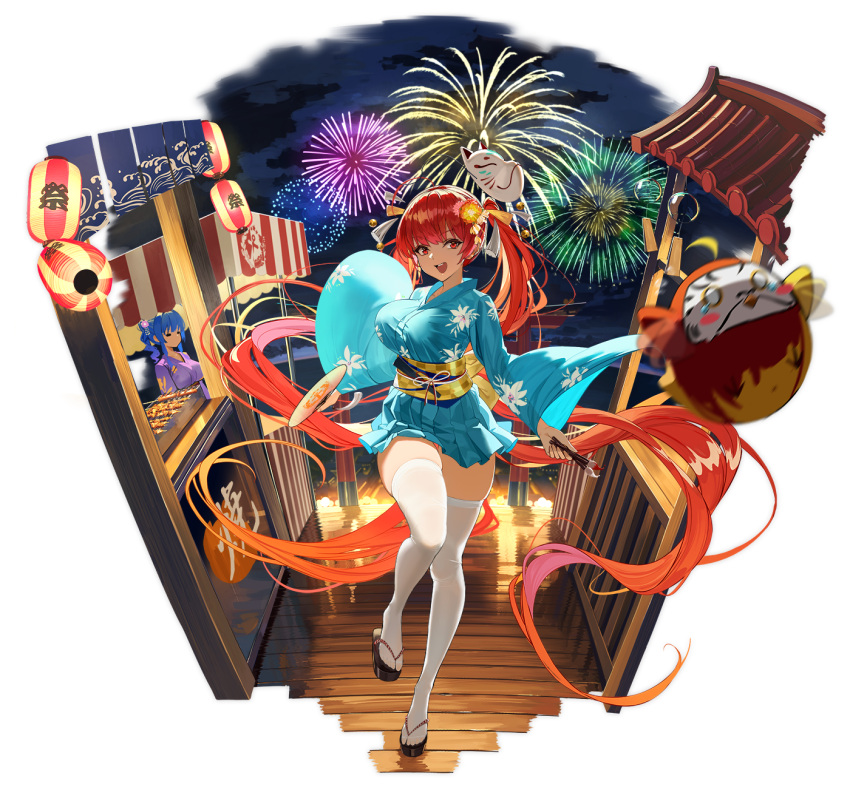 2girls, =_=, aerial_fireworks, azur_lane, blue_hair, blue_kimono, breasts, eyebrows_visible_through_hair, fan, festival, fireworks, floral_print, flower, food, food_stand, fox_mask, full_body, geta, hair_flower, hair_ornament, highres, holding, holding_fan, holding_paintbrush, honolulu_(azur_lane), honolulu_(festival_date)_(azur_lane), japanese_clothes, kimono, lantern, large_breasts, looking_at_viewer, manjuu_(azur_lane), mask, mr_cloud, multiple_girls, night, night_sky, obi, official_art, open_mouth, paintbrush, paper_fan, paper_lantern, pleated_skirt, purple_kimono, red_eyes, redhead, sash, skirt, sky, smile, st._louis_(azur_lane), tachi-e, takoyaki, thigh-highs, twintails, white_legwear, wooden_floor, yellow_sash