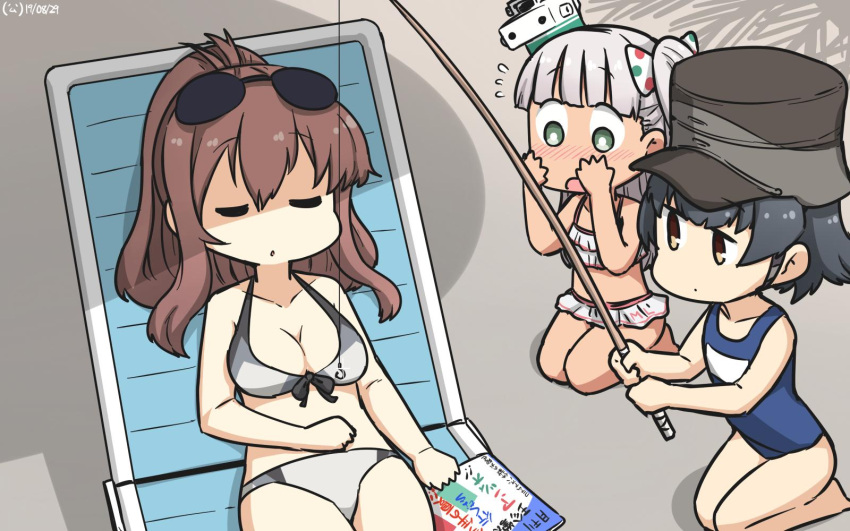 3girls, arare_(kantai_collection), bikini, bikini_skirt, black_hair, blue_swimsuit, book, brown_eyes