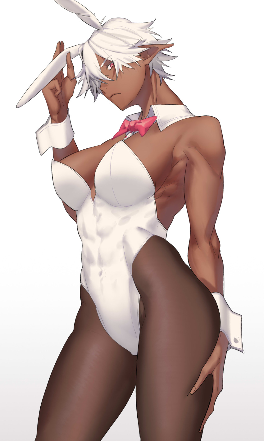 1girl, abs, absurdres, animal_ears, bare_shoulders, bow, breasts, bunnysuit