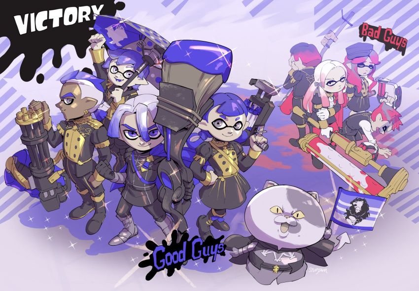 1other, 4boys, 4girls, animal, annette_fantine_dominique, annette_fantine_dominique_(cosplay), ashe_duran, black_hair, blue_eyes, blue_hair, boots, byleth_eisner_(female), byleth_eisner_(male), byleth_eisner_(male)_(cosplay), byleth__(fire_emblem)_(female)_(cosplay), cape, caspar_von_bergliez, cat, commentary, cosplay, dedue_molinaro, dedue_molinaro_(cosplay), dimitri_alexandre_bladud, dimitri_alexandre_bladud_(cosplay), dorothea_arnault, dorothea_arnault_(cosplay), edelgard_von_hresvelg, edelgard_von_hresvelg_(cosplay), epaulettes, female_my_unit_(fire_emblem:_three_houses), female_my_unit_(fire_emblem:_three_houses)_(cosplay), fire_emblem, fire_emblem:_three_houses, flag, freckles, gloves, hair_ornament, hair_over_one_eye, hair_ribbon, highres, hubert_von_vestra, hubert_von_vestra_(cosplay), inkling, intelligent_systems, koei_tecmo, long_hair, looking_at_viewer, male_my_unit_(fire_emblem:_three_houses), male_my_unit_(fire_emblem:_three_houses)_(cosplay), multiple_girls, nintendo, nintendo_ead, open_mouth, pantyhose, ribbon, short_hair, simple_background, smile, splatoon_(series), splatoon_2, squid_boy, squid_girl, stup-jam, super_smash_bros., twintails, umbrella, uniform, weapon