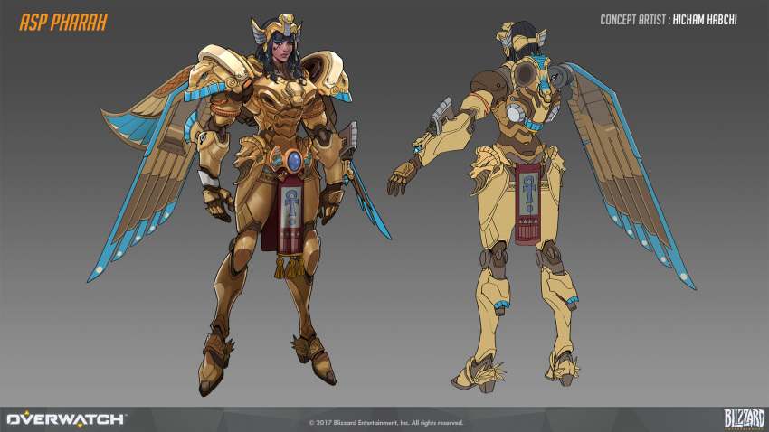 1girl, alternate_costume, arm_cannon, artist_name, asp_pharah, black_hair, brown_eyes, character_name