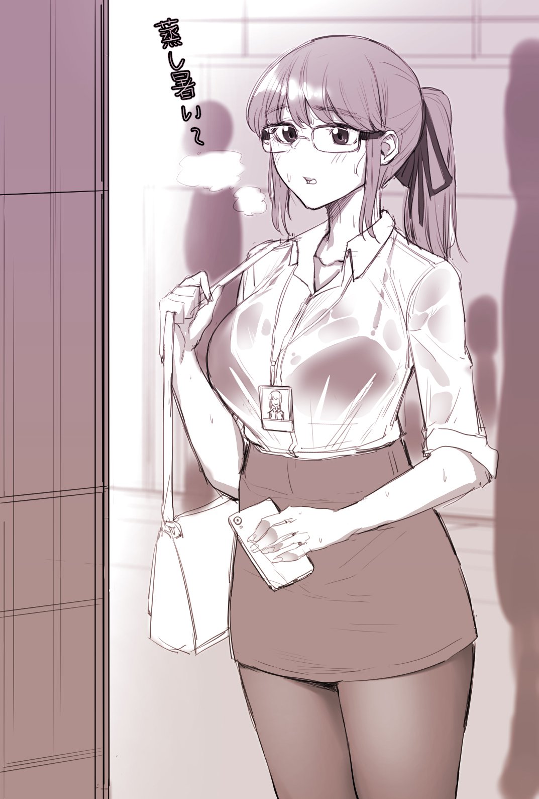 1girl, akchu, bag, bangs, bra, breasts, breath, cellphone