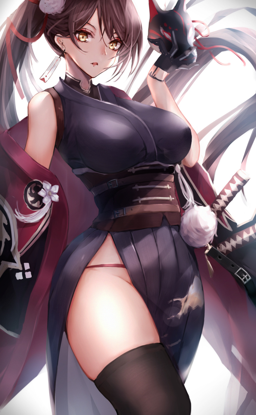 1girl, alternate_costume, azur_lane, bare_shoulders, black_gloves, black_legwear, breasts, brown_hair