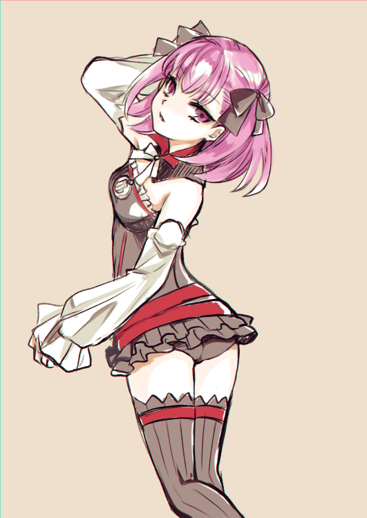 1girl, ass, bare_shoulders, belt, black_legwear, black_panties, black_ribbon, breasts, detached_sleeves, dress, fate/grand_order, fate_(series), grey_background, hair_ribbon, helena_blavatsky_(fate/grand_order), hizuki_mai, looking_at_viewer, panties, parted_lips, purple_hair, ribbon, short_hair, simple_background, sleeves_past_wrists, solo, thigh-highs, underwear, violet_eyes