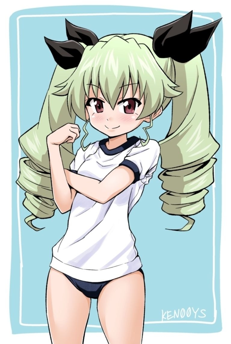 1girl, actas_(studio), anchovy, arm_grab, artist_name, bangs, black_ribbon, blue_background, blue_buruma, blush, buruma, closed_mouth, commentary, cowboy_shot, cute, drill_hair, eyebrows_visible_through_hair, girls_und_panzer, green_hair, gym_shirt, gym_uniform, hair_ribbon, ken_(haresaku), loli, long_hair, looking_at_viewer, media_factory, moe, red_eyes, ribbon, shirt, short_sleeves, signature, smile, solo, standing, stretch, t-shirt, twin_drills, twintails, we_can_do_it!, white_shirt