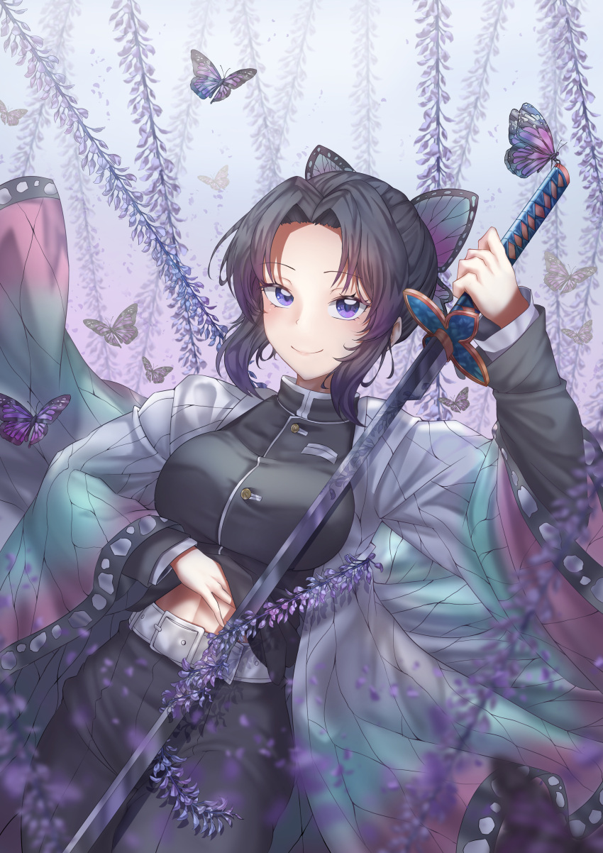 1girl, absurdres, animal_print, bangs, belt, black_hair, breasts, bug