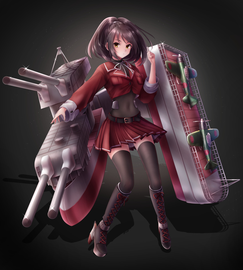1girl, absurdres, aircraft, airplane, belt, black_background, black_legwear, boots